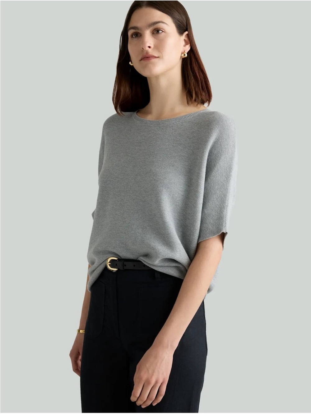 Quince Lightweight Cotton Cashmere Link-Stitch Dolman Sweater Heather Grey XS